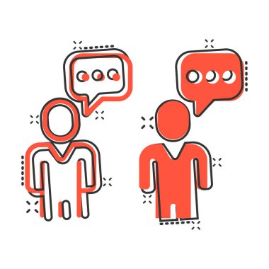 Çizgi roman tarzında konuşma balonu ikonu olan insanlar. Beyaz izole arkaplanda sohbet çizgi filmi vektör çizimi. Konuşma penceresi sıçrama etkisi iş konsepti.