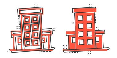 Çizgi roman tarzında bir yapı ikonu. Kentin gökdelen dairesi beyaz izole edilmiş arka planda vektör çizimi. Şehir kulesi su sıçrama etkisi iş konsepti.