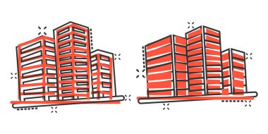 Çizgi roman tarzında bir yapı ikonu. Kentin gökdelen dairesi beyaz izole edilmiş arka planda vektör çizimi. Şehir kulesi su sıçrama etkisi iş konsepti.