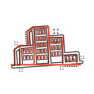 Çizgi roman tarzında bir yapı ikonu. Kentin gökdelen dairesi beyaz izole edilmiş arka planda vektör çizimi. Şehir kulesi su sıçrama etkisi iş konsepti.