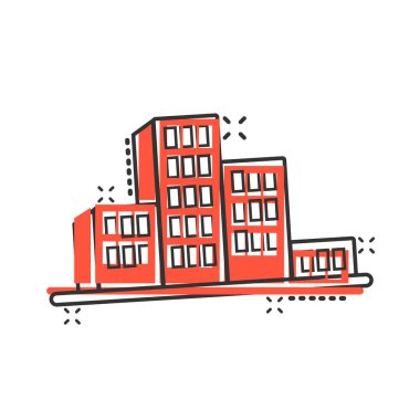 Çizgi roman tarzında bir yapı ikonu. Kentin gökdelen dairesi beyaz izole edilmiş arka planda vektör çizimi. Şehir kulesi su sıçrama etkisi iş konsepti.