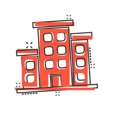 Çizgi roman tarzında bir yapı ikonu. Kentin gökdelen dairesi beyaz izole edilmiş arka planda vektör çizimi. Şehir kulesi su sıçrama etkisi iş konsepti.