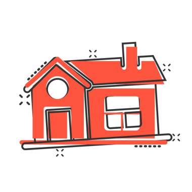 Çizgi roman tarzında bir yapı ikonu. Beyaz izole edilmiş arka planda ev çizgi filmi vektör çizimi. Ev sıçrama etkisi iş konsepti.