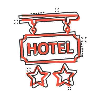 Otel 2, çizgi roman tarzında işaret simgesi. Beyaz izole edilmiş arka planda Inn karikatür vektör çizimi. Yurt odası bilgisi su sıçratma etkisi iş konsepti.