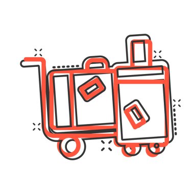 Çizgi roman tarzında seyahat çantası ikonu. Beyaz izole edilmiş arka planda bavul vektör çizimi. Bagaj sıçrama etkisi iş konsepti.