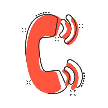 Cep telefonu simgesi çizgi roman tarzında. Beyaz izole edilmiş arka planda telefon konuşması çizgi film vektör çizimi. Acil yardım hattı etki iş konsepti.