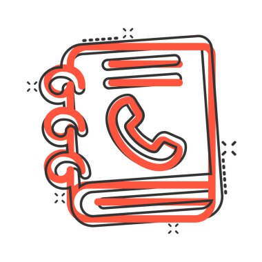 Çizgi roman tarzında adres defteri simgesi. Telefon defteri, beyaz izole edilmiş arka planda vektör çizimi. Acil yardım hattı etki iş konsepti.