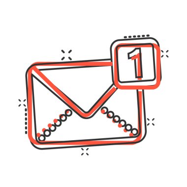 Çizgi roman biçiminde e- posta ileti simgesi. Beyaz izole edilmiş arkaplan üzerindeki posta belgesi karikatür vektör çizimi. İleti yazışmaları etki iş kavramını su yüzüne çıkardı.