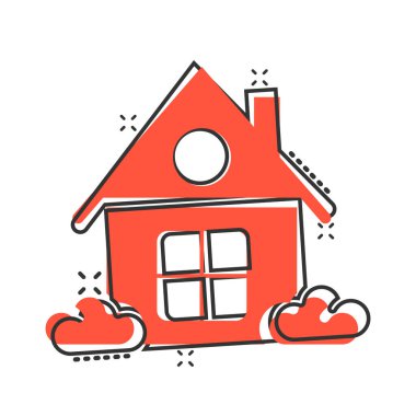 Çizgi roman tarzında bir yapı ikonu. Beyaz izole edilmiş arka planda ev çizgi filmi vektör çizimi. Ev sıçrama etkisi iş konsepti.