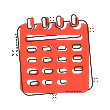 Çizgi roman tarzında takvim simgesi. Beyaz izole edilmiş arka planda ajanda vektör çizimi. Zamanlama planlayıcısı sıçrama etkisi iş konsepti.