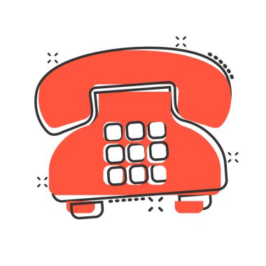 Cep telefonu simgesi çizgi roman tarzında. Beyaz izole edilmiş arka planda telefon konuşması çizgi film vektör çizimi. Acil yardım hattı etki iş konsepti.