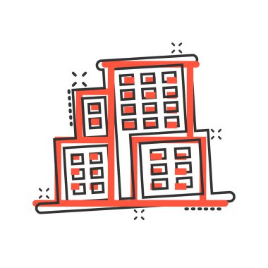 Çizgi roman tarzında bir yapı ikonu. Kentin gökdelen dairesi beyaz izole edilmiş arka planda vektör çizimi. Şehir kulesi su sıçrama etkisi iş konsepti.