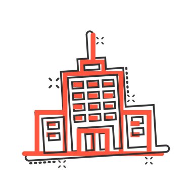 Çizgi roman tarzında bir yapı ikonu. Kentin gökdelen dairesi beyaz izole edilmiş arka planda vektör çizimi. Şehir kulesi su sıçrama etkisi iş konsepti.