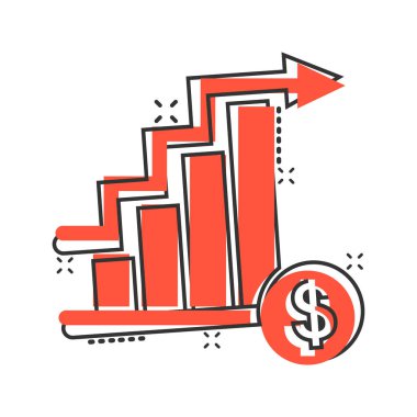 Çizgi roman tarzında pazar eğilimi simgesi. Beyaz izole arkaplanda büyüteç çizgi film vektör illüstrasyonuyla büyüyen ok. Sıçrama etkisi iş konseptini arttır.