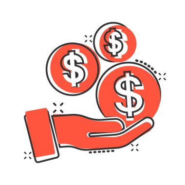 Çizgi roman tarzında geri ödeme simgesi. Para beyaz izole edilmiş arka planda el yapımı vektör çizimi. Madeni para bordrosu sıçrama etkisi iş konsepti.