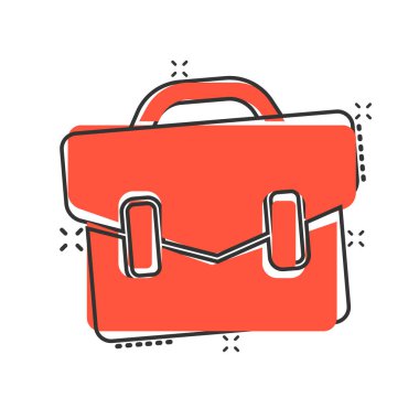 Çizgi roman tarzında evrak çantası simgesi. Beyaz izole edilmiş arka planda iş adamı çantası karikatür çizimi. Portföy sıçrama etkisi iş konsepti.