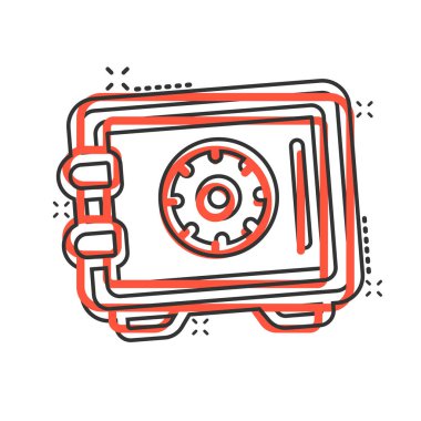 Çizgi roman tarzında güvenli para ikonu. Beyaz izole arkaplanda Strongbox karikatür vektör çizimi. Mali güvenlik sıçrama etkisi iş konsepti.