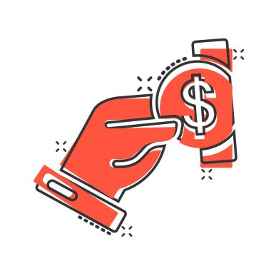 Çizgi roman tarzında geri ödeme simgesi. Para beyaz izole edilmiş arka planda el yapımı vektör çizimi. Madeni para bordrosu sıçrama etkisi iş konsepti.