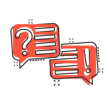 Çizgi roman tarzında soru ve cevap simgesi. Beyaz izole edilmiş arka planda diyalog konuşma balonu çizgi film vektör çizimi. Forum sohbeti sıçrama etkisi iş konsepti.