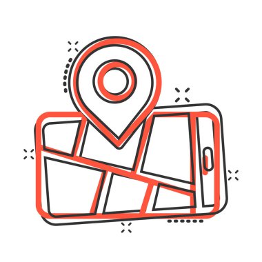 Çizgi roman tarzında akıllı telefon haritası simgesi. Cep telefonunun GPS navigasyon karikatür vektör çizimi beyaz izole arka planda. İğne pozisyonunu belirle sıçrama etkisi iş konsepti.