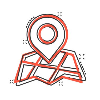 Harita simgesi simgesi çizgi romanda. GPS navigasyon karikatür vektör çizimi beyaz izole arka planda. Pozisyon sıçrama etkisi iş konseptini belirle.