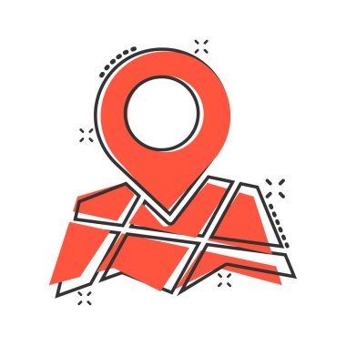 Harita simgesi simgesi çizgi romanda. GPS navigasyon karikatür vektör çizimi beyaz izole arka planda. Pozisyon sıçrama etkisi iş konseptini belirle.