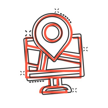 Çizgi roman tarzında bilgisayar yön bulma simgesi. Beyaz izole arkaplanda GPS karikatür vektör illüstrasyonunu izle. Şehir alanı konumu etki iş konsepti.