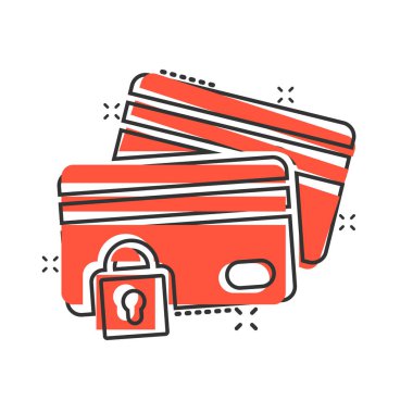 Çizgi roman tarzında kredi kartı koruma simgesi. Beyaz izole edilmiş arka planda güvenli bir alışveriş çizgi filmi vektör çizimi. Ticari asma kilit sıçrama etkisi iş konsepti.