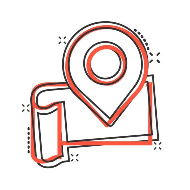 Harita simgesi simgesi çizgi romanda. GPS navigasyon karikatür vektör çizimi beyaz izole arka planda. Pozisyon sıçrama etkisi iş konseptini belirle.