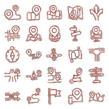 Navigasyon simgesi çizgi roman tarzında ayarlandı. İzole edilmiş beyaz arkaplanda GPS yönlü vektör çizimi. İğne pozisyonunu belirle sıçrama etkisi iş konsepti.