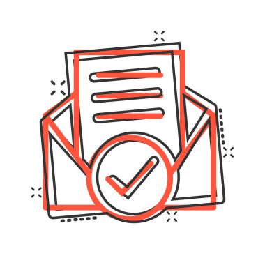 Çizgi roman tarzında onaylanmış belge simgesi ile zarf. Beyaz izole arkaplandaki çizgi film vektör illüstrasyonunu doğrula. Sıçrama etkisi iş konseptini al.