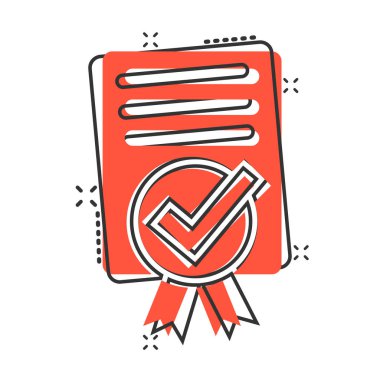 Sertifika simgesini çizgi roman tarzında onayla. Beyaz izole edilmiş arkaplandaki belge işaretleme vektör çizelgesi. Onaylama seçimi sıçrama etkisi iş konsepti.