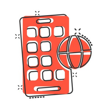 Çizgi roman tarzında dünya akıllı telefon ikonu. Beyaz izole edilmiş arka planda cep telefonu konumu çizgi film vektör çizimi. Hedef sıçrama etkisi iş konsepti.