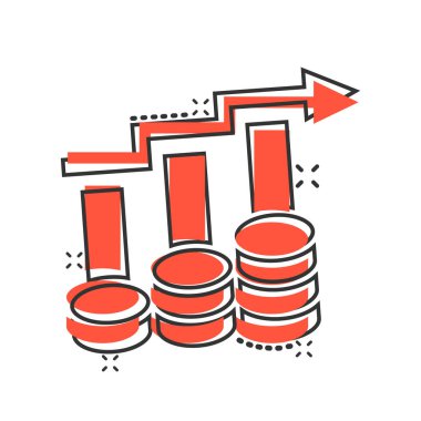 Çizgi roman tarzında gelir artışı simgesi. Beyaz izole edilmiş arka planda finansal performans çizgi film vektör çizimi. Büyüme oku olan para sıçrama etkisi iş konsepti.