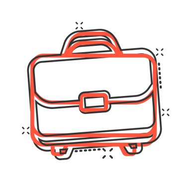 Çizgi roman tarzında evrak çantası simgesi. Beyaz izole edilmiş arka planda iş adamı çantası karikatür çizimi. Portföy sıçrama etkisi iş konsepti.