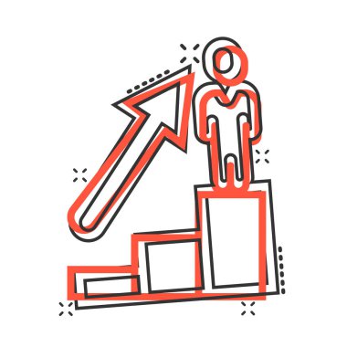 Çizgi roman tarzında büyüyen ok ikonu olan insanlar. Beyaz izole edilmiş arka planda çalışma stratejisi çizimi. Ofis eğitimi su sıçratma etkisi iş kavramı.