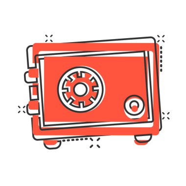 Çizgi roman tarzında güvenli para ikonu. Beyaz izole arkaplanda Strongbox karikatür vektör çizimi. Mali güvenlik sıçrama etkisi iş konsepti.