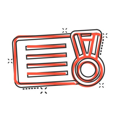 Komedi tarzında madalya ikonu olan Vip kartı. Beyaz izole edilmiş arka planda, ödül ödüllü karikatür vektör çizimi. Kazanan rozet etki iş konseptini su yüzüne çıkardı.