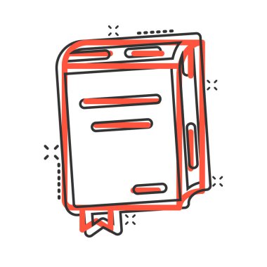 Çizgi roman tarzında belge kitabı simgesi. Beyaz zemin üzerinde kağıt sayfa çizgi film vektör çizimi. Not defteri belgesi sıçrama etkisi iş konsepti.