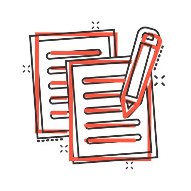 Çizgi roman tarzında kalem simgesi içeren belge notu. Beyaz arkaplanda kağıt kalem karikatür vektör çizimi. Not defteri belgesi sıçrama etkisi iş konsepti.