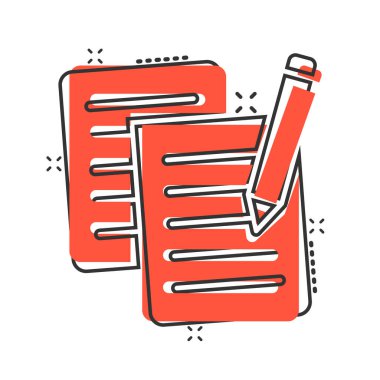 Çizgi roman tarzında kalem simgesi içeren belge notu. Beyaz arkaplanda kağıt kalem karikatür vektör çizimi. Not defteri belgesi sıçrama etkisi iş konsepti.