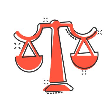 Denge simgesini çizgi roman tarzında ölçeklendir. Beyaz izole edilmiş arka planda Adalet çizgi filmi vektör illüstrasyonu. Yargı sıçrama etkisi iş konsepti.