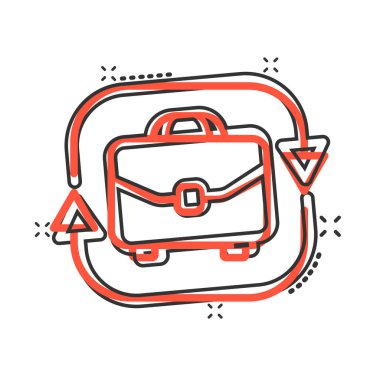 İçinde çizgi roman tarzında ok simgesi olan evrak çantası. Beyaz izole edilmiş arka planda iş adamı çantası karikatür çizimi. Portföy sıçrama etkisi iş konsepti.