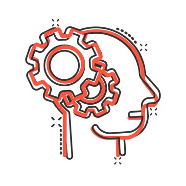 Çizgi roman tarzında çark simgesi olan insan kafası. Beyaz izole edilmiş arka planda teknolojik gelişim çizgi film vektör çizimi. Yüz ve dişli sıçrama etkisi iş konsepti.