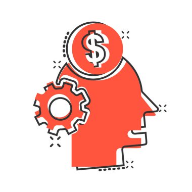 Çizgi roman tarzında para ikonu olan insan kafası. Beyaz izole edilmiş arka planda kariyer gelişimi çizgi film vektör çizimi. Yüz ve dolar madeni para sıçrama etkisi iş konsepti.