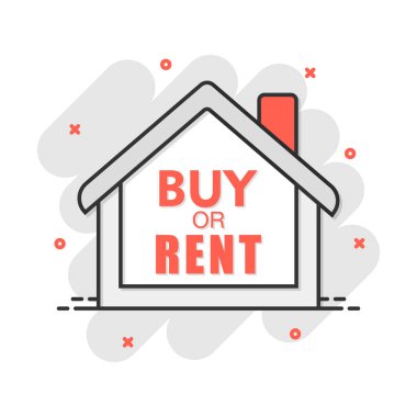 Vektör karikatür satın alma veya çizgi roman tarzında kiralık ev ikonu. Tabela resimli resim. Ev işi sıçrama etkisi konsepti.