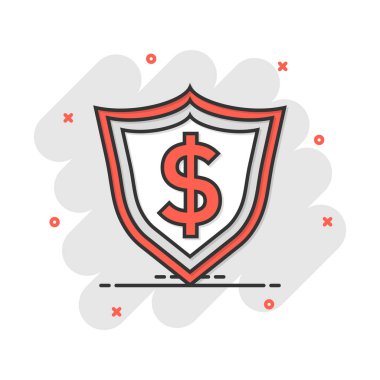 Çizgi roman gibi para simgesi olan vektör karikatür kalkanı. Kalkan işareti resimli resim. Dolar işi sıçrama etkisi konsepti.