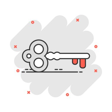 Çizgi roman tarzında vektör çizgi film anahtar simgesi. Gizli anahtar kelime işareti resimli resim. Anahtar iş sıçrama etkisi konsepti.