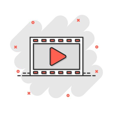 Çizgi roman tarzında vektör çizgi film çalma düğmesi simgesi. Video işareti resimli resim oynat. Medya paneli iş sıçrama etkisi konsepti.