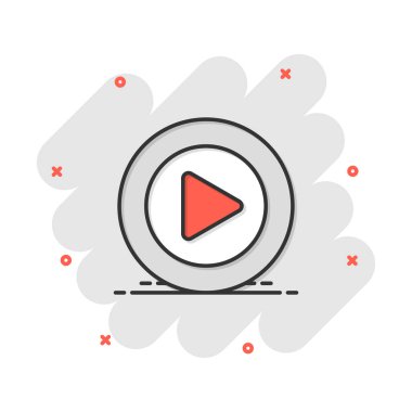 Çizgi roman tarzında vektör çizgi film çalma düğmesi simgesi. Video işareti resimli resim oynat. Medya paneli iş sıçrama etkisi konsepti.